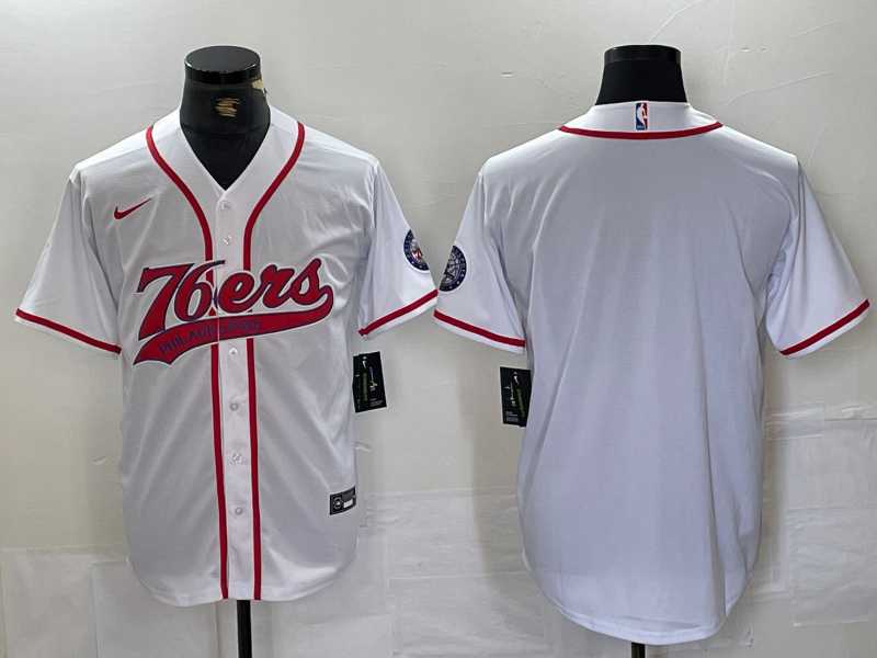 Men%27s Philadelphia 76ers Blank White With Patch Cool Base Stitched Baseball Jersey